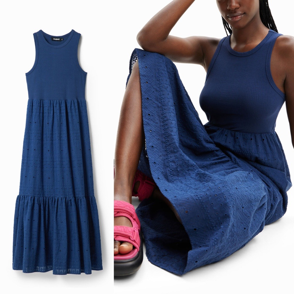 Desigual Long Embroidered Combination Dress Small Navy Blue Maxi Eyelet